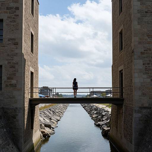 Photograph of a person silhouetted on a stone bridge over a narrow canal, flanked by tall, textured brick buildings under a bright,