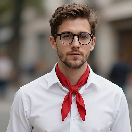 Photograph of a handsome, bearded man with brown hair, black-rimmed glasses, white shirt, and red necktie, standing outdoors.