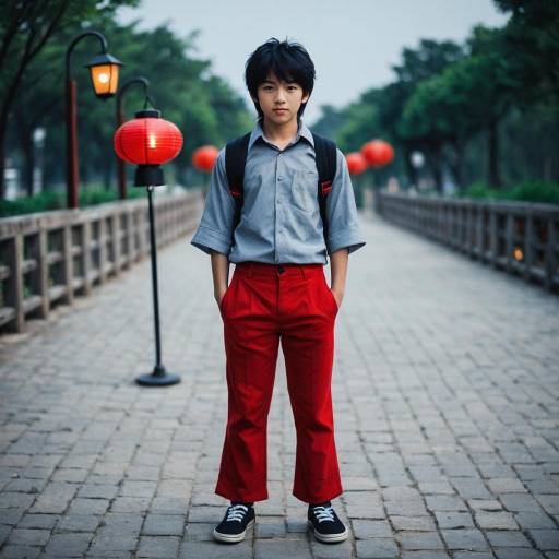 Boy standing on lantern-lit bridge