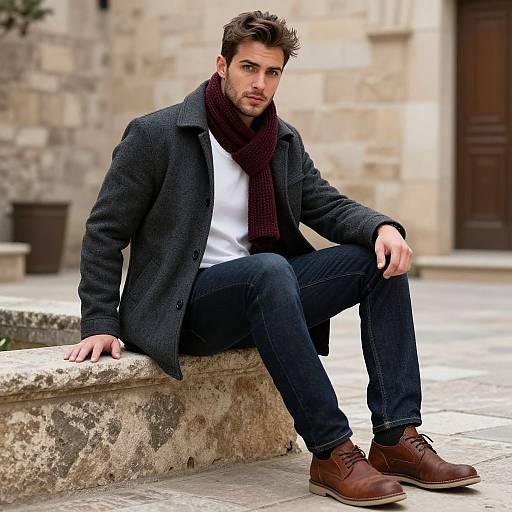 Photograph of a handsome man with dark hair, beard, wearing a dark gray coat, white shirt, maroon scarf, blue jeans, brown shoes