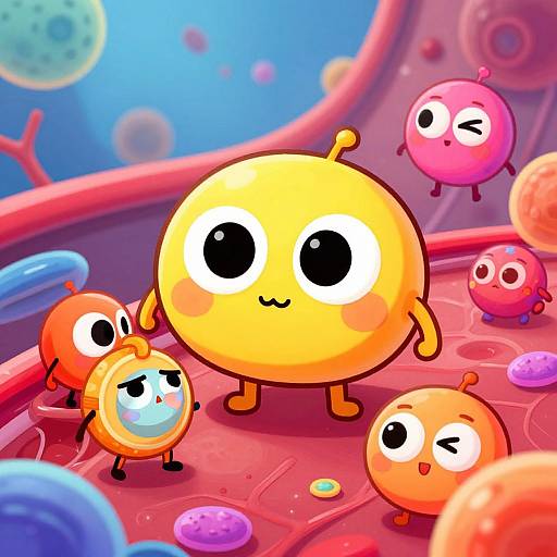 Vibrant cartoon image of cute, round, alien-like characters with large eyes in a colorful, alien planet background with floating bubbles.