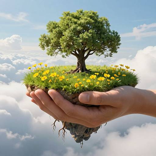 Photograph of two hands cradling a floating island with a green tree, yellow flowers, and grass, set against a bright blue sky with fluffy