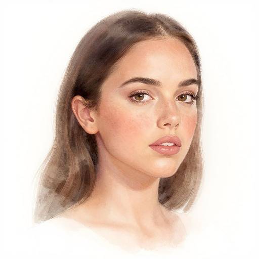 Digital portrait of a young woman with light olive skin, brown eyes, and brown hair, looking slightly to the right, against a white background. Real