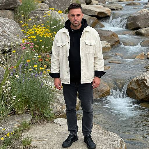 Photograph of a bearded man with short dark hair, wearing a white jacket, black hoodie, black pants, and black shoes, standing in a