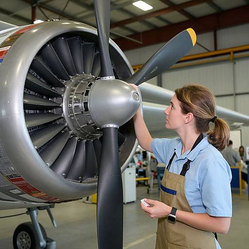 Woman Inspecting Aircraft Engine Propeller