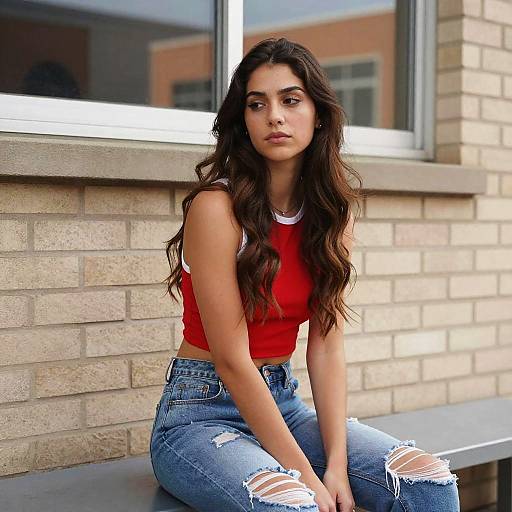 Young Woman Sitting by Brick Wall