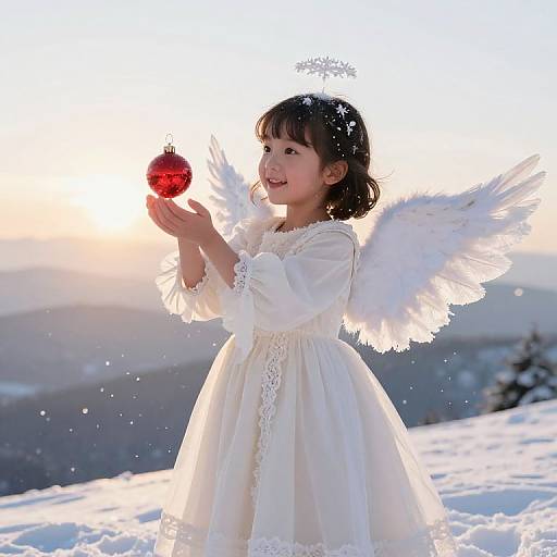 Photograph of a smiling Asian girl with white angel wings and halo, holding a red Christmas ornament in snowy landscape.