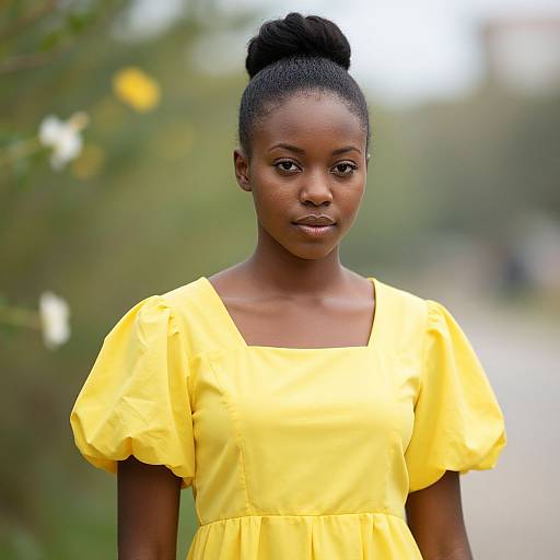 Photograph of a young Black woman with a high bun, wearing a bright yellow dress with puffy sleeves, standing outdoors with a blurred green background.