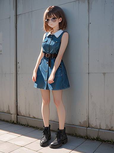Digital anime-style photograph of a young girl with brown bob haircut, wearing a blue denim dress, black boots, and sunglasses, standing against a gray concrete
