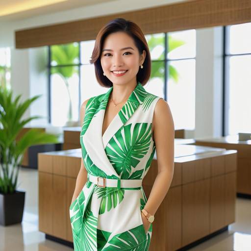 Smiling Female Financial Advisor in Tropical Outfit