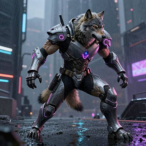 CGI image of a muscular, anthropomorphic wolf warrior in futuristic, glowing armor standing in a rainy, neon-lit urban street.