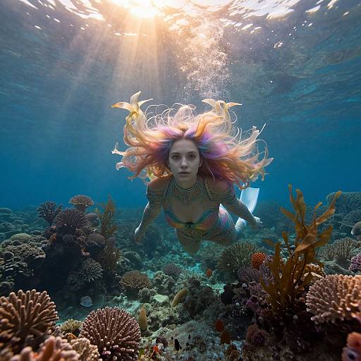 Photograph: Underwater scene with a mermaid-like woman with rainbow hair, colorful bikini, swimming through sunlit coral reef, surrounded by diverse cor