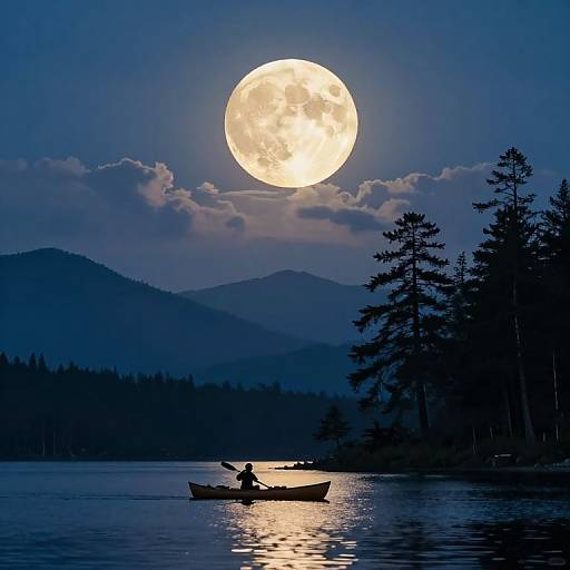 Photograph of a silhouetted person kayaking on a calm lake at night, with a large, bright full moon and dark, shadowy
