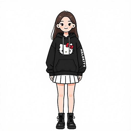 Digital anime-style drawing of a young girl with long brown hair, wearing a black hoodie with a white and red design, white skirt, and black shoes