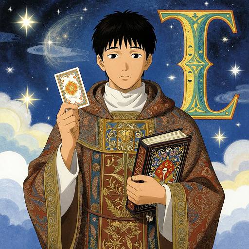Digital anime-style illustration of a young male priest with black hair, holding a magical card and ornate book, against a starry night sky with a