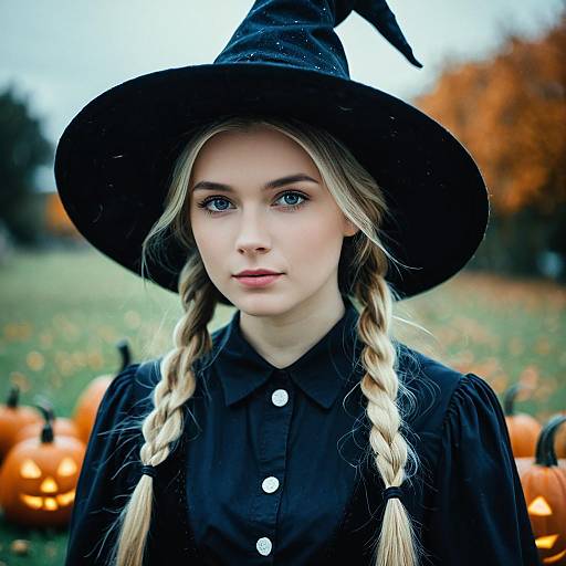 Young Woman in Witch Costume with Jack-o'-Lanterns