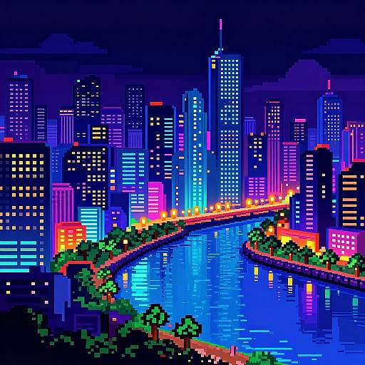 Pixel art night cityscape with vibrant neon skyscrapers, colorful lit bridge over a reflective blue river, and green trees in the foreground.