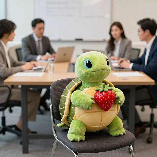 Photograph of a Pokémon plush turtle holding a strawberry, seated in a modern office with four blurred business professionals working on laptops.