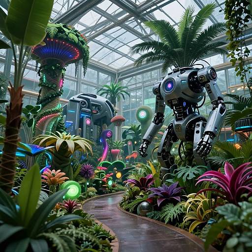 Digital artwork of a futuristic, glass-roofed greenhouse with vibrant, colorful plants and two glowing, robotic creatures amidst lush foliage and a winding, wet