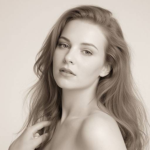 Black and white photograph of a beautiful young woman with long, wavy hair, light skin, and subtle makeup, gazing slightly to the left against