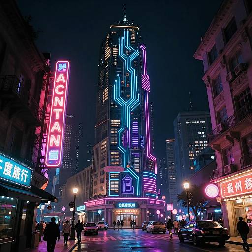 Neon-lit night scene of a bustling urban street with brightly colored neon signs, including 
