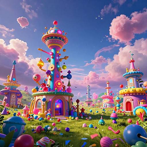 Vibrant, whimsical CGI landscape featuring colorful, balloon-like towers and structures scattered across a sunny, cloud-dotted field with scattered balloons.
