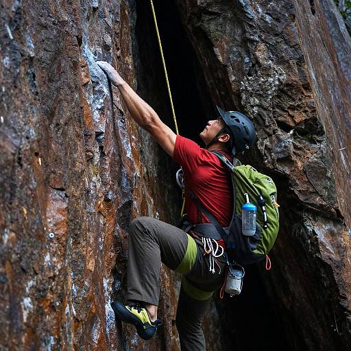 Male Rock Climber in Narrow Crevice