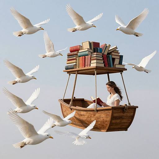 Photograph of a woman with long brown hair in a white shirt, reading books while suspended in a wooden basket, surrounded by flying white doves against