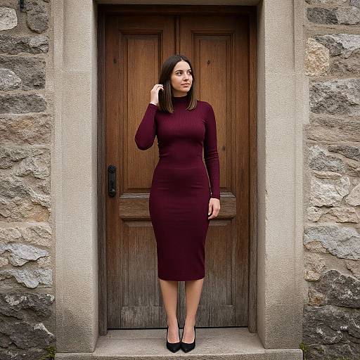 Photograph of a brunette woman in a form-fitting, long-sleeve burgundy dress, standing in front of a wooden door framed by stone