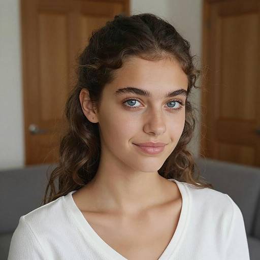 Photograph of a young woman with wavy brown hair, blue eyes, and fair skin, wearing a white V-neck top, smiling softly in a