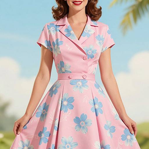 Photograph of a smiling woman in a pink, short-sleeved, floral dress with blue flowers, standing outdoors on a sunny day.