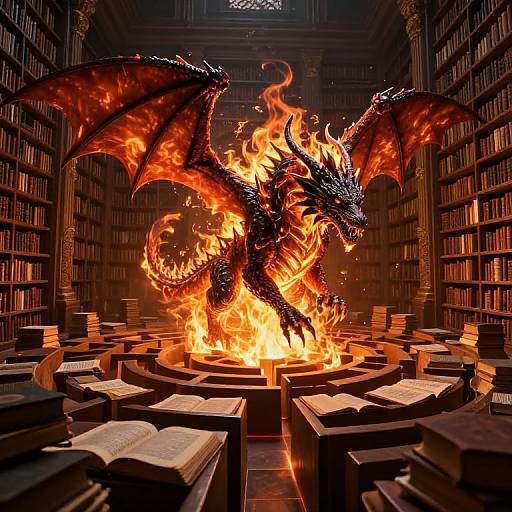 Digital art of a blazing dragon with orange flames, wings spread, standing in a circular fire pit surrounded by open books in a dark, grand library.