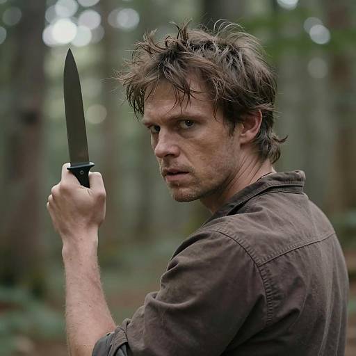 Intense Man in the Forest with Knife