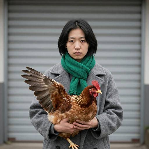 Serious East Asian Woman with Chicken