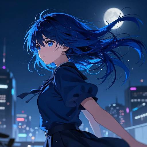 Digital anime-style artwork of a blue-haired girl with glowing eyes, wearing a black dress, standing in a neon-lit city night with a full moon