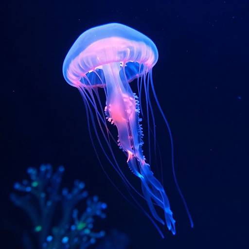 Photograph of a glowing blue and pink jellyfish with translucent, flowing tentacles against a dark, starlit ocean background.