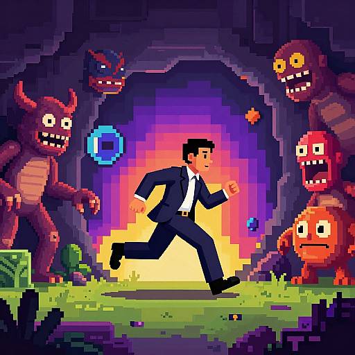 Pixel Art Man Running from Monsters