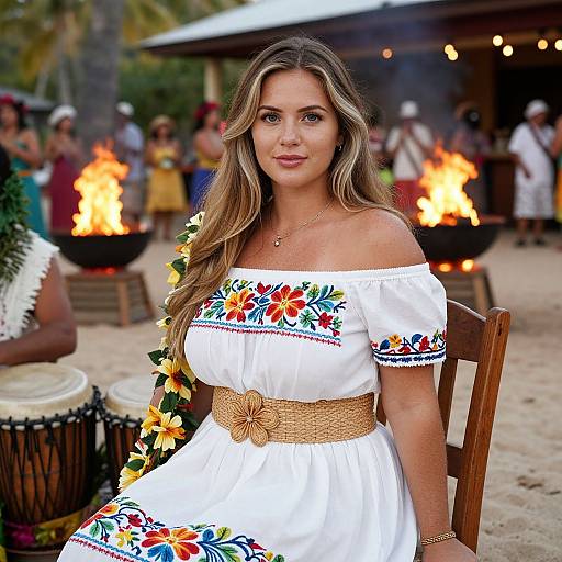 Photograph of a woman with long, wavy blonde hair, wearing a white off-shoulder dress with colorful floral embroidery, a tan belt,