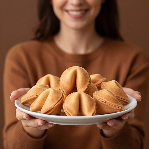 Photograph of a smiling woman in a brown sweater holding a white plate of golden-brown almond macarons against a brown background.