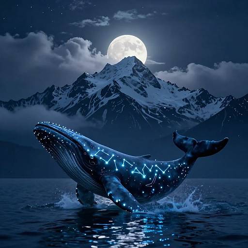 Digital artwork of a glowing blue whale with bioluminescent patterns, leaping in dark waters beneath a bright full moon and snow-capped mountain range