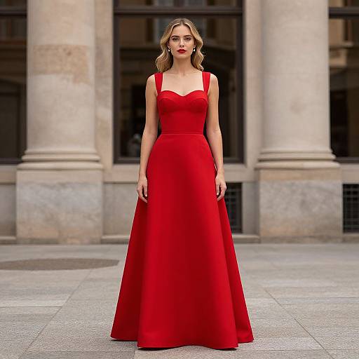 Woman in Red Dress by Building