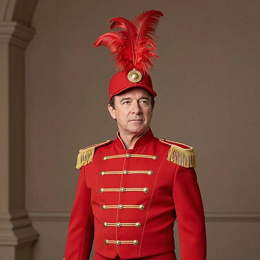 Photograph of a middle-aged man in a vibrant red military uniform with gold epaulettes, red feathered hat, and ornate buttons,