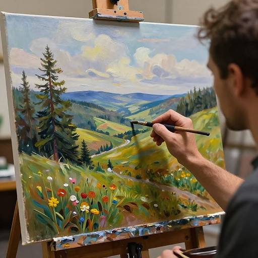 Photograph of a painter with curly brown hair, painting a vibrant landscape of a mountain meadow with colorful wildflowers and trees on an easel.
