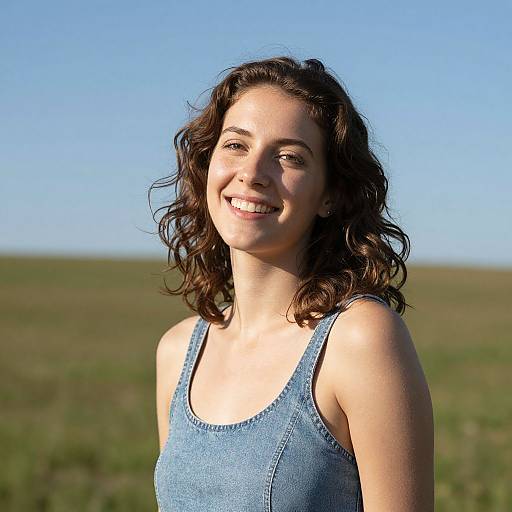 Photograph of a smiling young woman with wavy brown hair, wearing a blue tank top, standing in a sunlit grassy field.