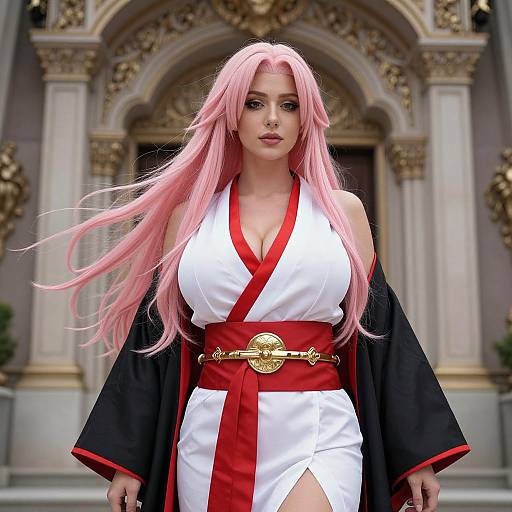 Woman in Elegant White Kimono with Pink Hair