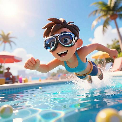 Energetic Boy Diving into Pool with Aviator Goggles