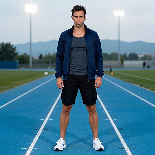 Photograph of a muscular man with short brown hair, wearing a black jacket, gray shirt, black shorts, and white sneakers, standing on a blue