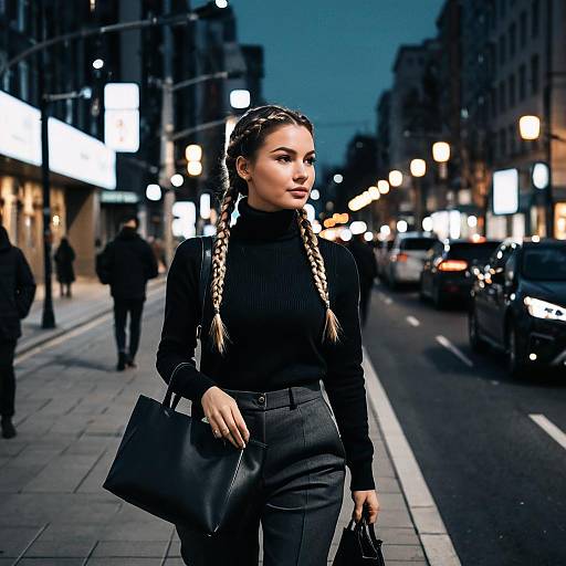Woman with Braided Crown Hairstyle on Urban Street at Dusk