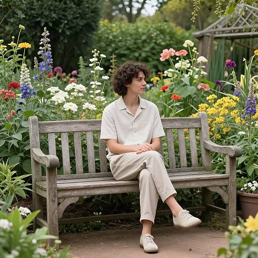 Photograph of a curly-haired woman in a white shirt and beige pants, sitting on a wooden bench in a vibrant, colorful garden filled with blooming