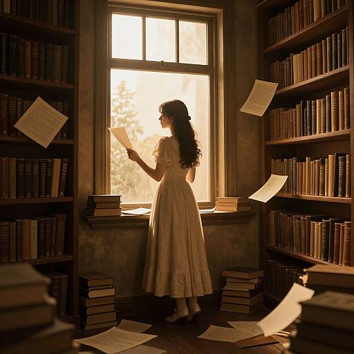 Photograph-style digital art of a woman in a white, vintage dress reading papers in a sunlit, book-filled library, papers floating around her.